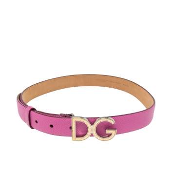 Pre Owned Dolce & Gabbana Pink Leather Slim DG Logo Belt 70CM