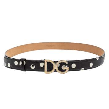Pre Owned Dolce & Gabbana Black/White Polka Leather DG Logo Belt 85CM
