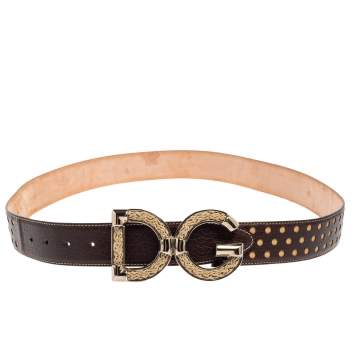 Pre Owned Dolce & Gabbana Dark Brown Perforated Leather and Canvas DG Logo Belt 105CM