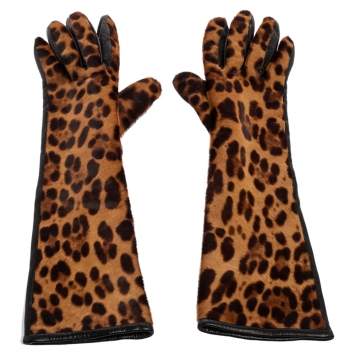 Pre Owned Dolce & Gabbana Black/Brown Leopard Print Calf Hair and Leather Long Gloves 
