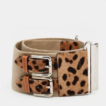 Pre Owned Dolce & Gabbana Beige/Brown Leopard Print Pony Hair And Elastic Waist Belt 75 CM