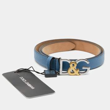 Pre Owned Dolce & Gabbana Blue Leather D&G Logo Buckle Belt 75CM