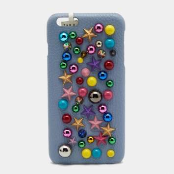 Pre Owned Dolce & Gabbana Light Blue Leather Embellished iPhone 6 Plus Cover