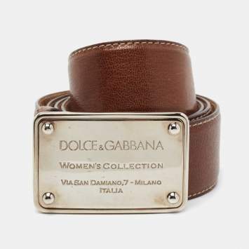 Pre Owned Dolce & Gabbana Brown Leather Logo Plaque Belt 95CM
