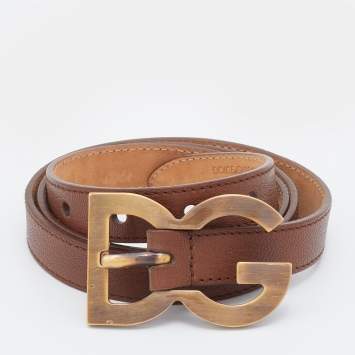 Pre Owned Dolce & Gabbana Brown Leather Slim DG Logo Belt 90CM