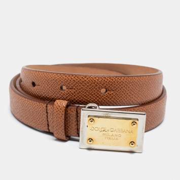 Pre Owned Dolce & Gabbana Brown Leather Logo Plaque Belt 75 CM