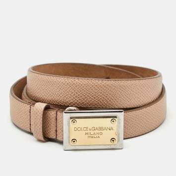 Pre Owned Dolce & Gabbana Beige Leather Logo Plaque Slim Belt 80 CM