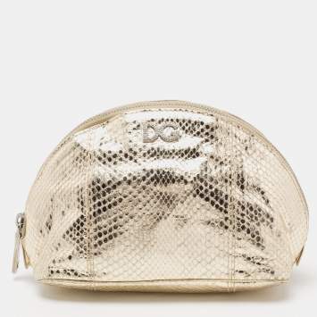 Pre Owned Dolce & Gabbana Metallic Gold Snakeskin Embossed Leather Cosmetic Pouch