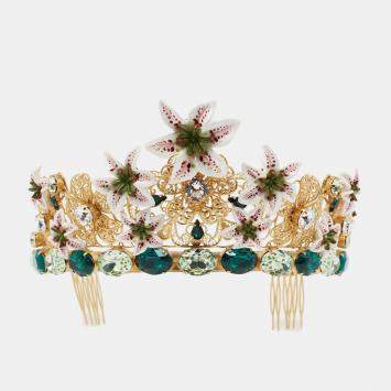 Pre Owned Dolce & Gabbana Gold Tone Lilly & Crystal Embellished Tiara