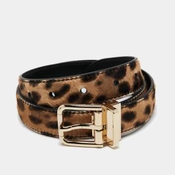 Pre Owned Dolce & Gabbana Brown Leopard Print Calf Hair Buckle Belt 70 CM