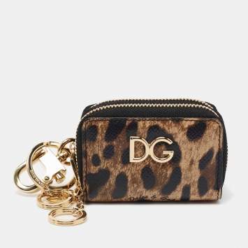 Pre Owned Dolce & Gabbana Black Leopard Print Leather Logo Coin Purse Key-Ring 