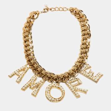 Pre Owned Dolce & Gabbana Amore Faux Pearl Gold Tone Necklace