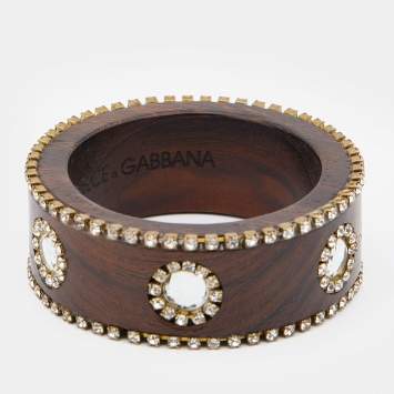 Pre Owned Dolce & Gabbana Brown Wood Crystal Embellished Wide Bangle