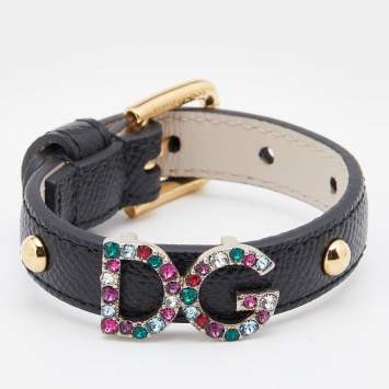 Pre Owned Dolce & Gabbana Crystal DG Logo Black Leather Bracelet M