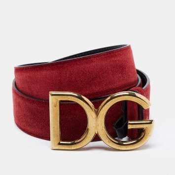 Pre Owned Dolce & Gabbana Red Suede DG Logo Belt 95CM