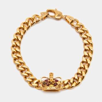 Pre Owned Dolce & Gabbana Gold Crown Charm Chain Bracelet