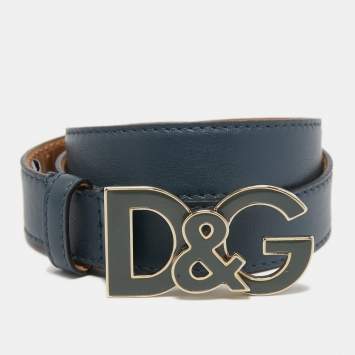 Pre Owned Dolce & Gabbana Blue Leather D&G Logo Buckle Belt 70CM