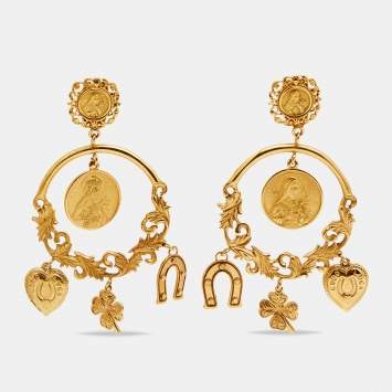 Pre Owned Dolce & Gabbana Gold Tone Votive Image Charm Drop Earrings