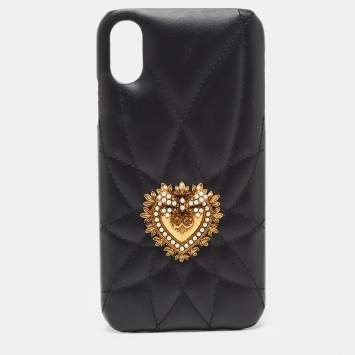 Pre Owned Dolce & Gabbana Black Quilted Leather Sacred Heart iPhone XR Case