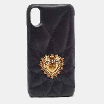 Pre Owned Dolce & Gabbana Black Quilted Leather Sacred Heart iPhone X Case