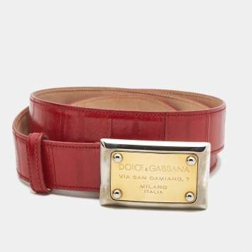 Pre Owned Dolce & Gabbana Red Eel Leather Logo Plaque Belt 90CM
