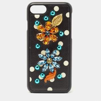 Pre Owned Dolce & Gabbana Black/White Polka Print Leather Crystals Embellished iPhone7 Case