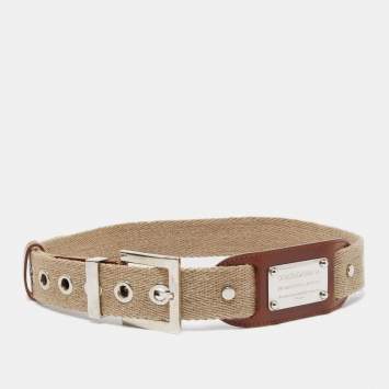 Pre Owned Dolce & Gabbana Beige Canvas and Leather Plaque Detail Waist Belt 80CM