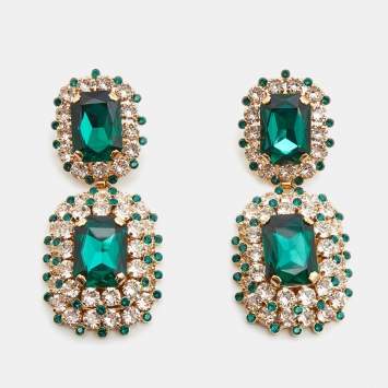 Pre Owned Dolce & Gabbana Crystal Embellished Gold Tone Clip On Drop Earrings