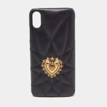 Pre Owned Dolce & Gabbana Black Leather Sacred Heart iPhone XS Case