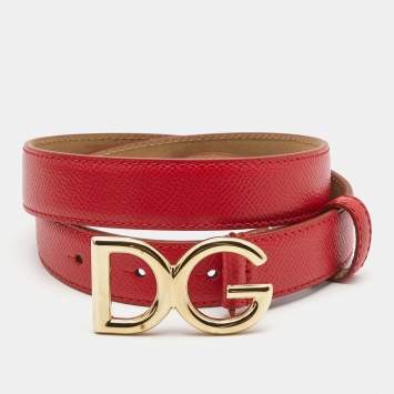 Pre Owned Dolce & Gabbana Red Leather DG Logo Slim Belt 75CM