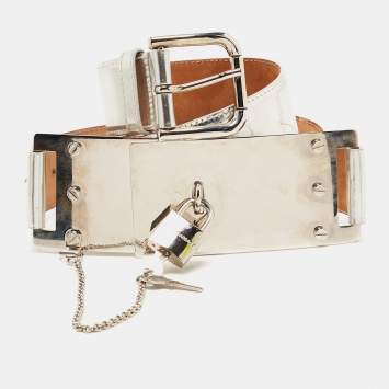 Pre Owned Dolce & Gabbana Silver Leather Padlock Metal Waist Belt 90CM