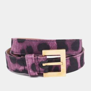 Pre Owned Dolce & Gabbana Purple/Black Leopard Satin Slim Buckle Belt 85CM