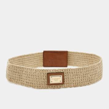 Pre Owned Dolce & Gabbana Cream/Brown Woven Jute and Leather Wide Waist Belt 90CM