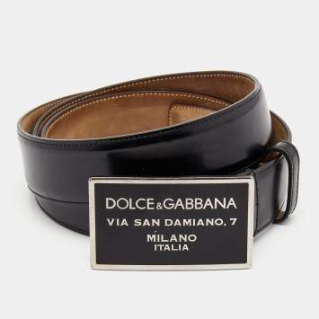 Pre Owned Dolce & Gabbana Black Leather Logo Plague Buckle Belt 105CM