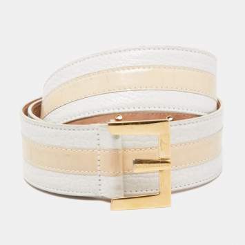 Pre Owned Dolce & Gabbana White/Beige Patent and Leather Metal Detail Buckle Belt 85CM