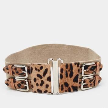 Pre Owned Dolce & Gabbana Brown/Beige Leopard Print Calfhair and Elastic Canvas Double Buckle Waist Belt 75CM
