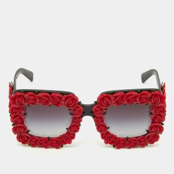 Pre Owned Dolce & Gabbana Black & Red Roses/Black DG 4253 Rectangle Sunglasses