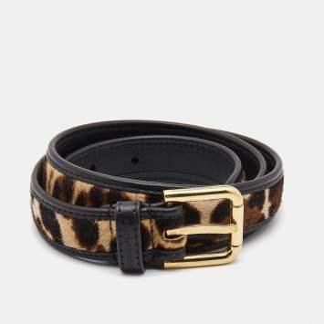 Pre Owned Dolce & Gabbana Black/Beige Leopard Print Calfhair and Leather Buckle Belt 80CM