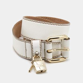 Pre Owned Dolce & Gabbana White Leather Padlock Charm Buckle Belt 85CM