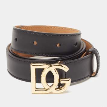 Pre Owned Dolce & Gabbana Black Leather DG Logo Slim Belt 85CM