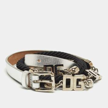 Pre Owned Dolce & Gabbana Silver Leather and Cord DG Logo Double Wrap Belt 95CM