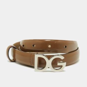 Pre Owned Dolce & Gabbana Beige Patent Leather DG Logo Slim Belt 75CM