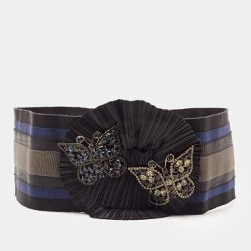Pre Owned Dolce & Gabbana Tri Color Stripe Elastic Butterfly Crystals Waist Belt