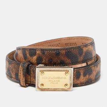Pre Owned Dolce & Gabbana Brown Leopard Print Leather Logo Plaque Belt 95CM