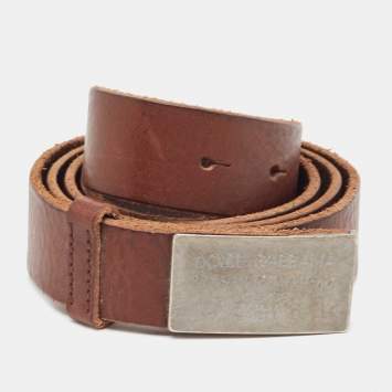 Pre Owned Dolce & Gabbana Brown Leather Logo Plaque Belt 100CM