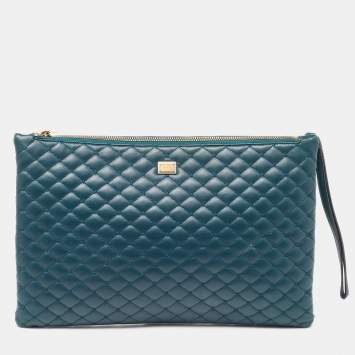 Pre Owned Dolce & Gabbana Green Quilted Leather Laptop Wristlet Case