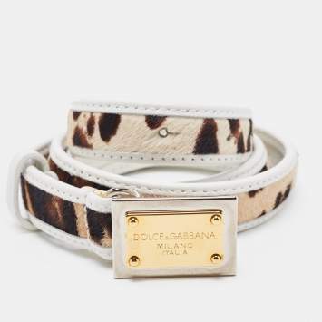 Pre Owned Dolce & Gabbana White/Brown Leaopard Print Calfhair and Leather Logo Plague Slim Belt 75CM