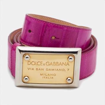 Pre Owned Dolce & Gabbana Fuschia Eel Logo Plaque Belt Size 85 CM