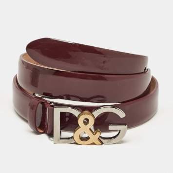 Pre Owned Dolce & Gabbana Burgundy Patent Leather D&G Logo Slim Belt 85 CM