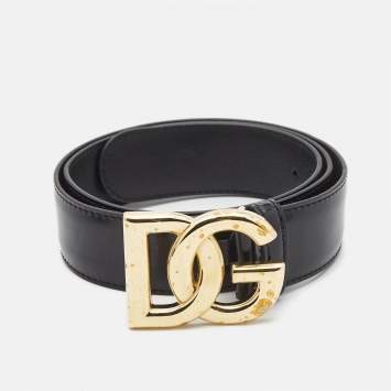 Pre Owned Dolce & Gabbana Black Patent Leather DG Buckler Belt 80CM